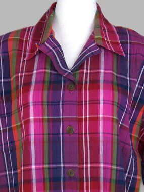 Koret Women's Short Sleeve Button Up Pink & Purple Plaid Top Size L (C1999)